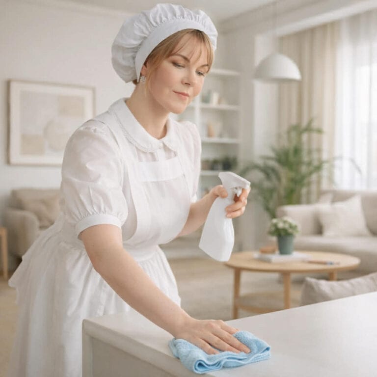 professionaalne koristaja puhastamas köögipinda Tallinnas